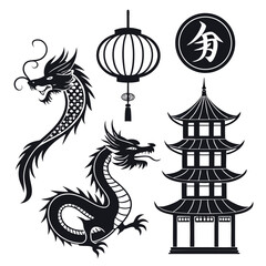 Collection of traditional chinese cultural symbols including two stylized dragons a pagoda a lantern and a circular emblem with calligraphy on a white background