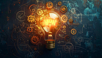 Spark of Genius Glowing Light Bulb Surrounded by Gears and Blueprints