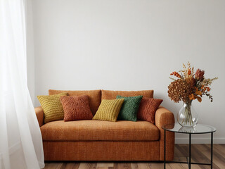 autumn modern interior design with orange sofa and fall flowers on the glass table