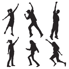 Collection of diverse male and female silhouettes in dynamic poses expressing joy celebration movement and achievement against a clean white background