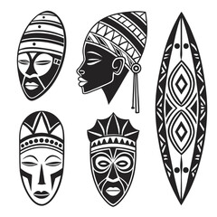 Collection of stylized black and white african tribal masks and a shield featuring geometric patterns and traditional motifs isolated on a white background