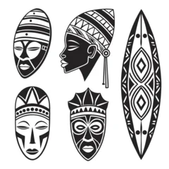Fotobehang Afrikaanse Motieven Collection of stylized black and white african tribal masks and a shield featuring geometric patterns and traditional motifs isolated on a white background  © Alone