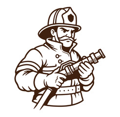 Vintage illustration of a firefighter holding a nozzle ready for a rescue operation