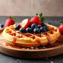Waffle topped with berries and syrup