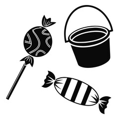 A simple black and white illustration featuring a lollipop a wrapped candy and a bucket perfect for holiday or sweet treat themes
