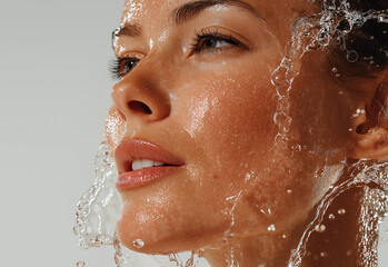 water splashing on a beautiful woman's face, water drops flowing down her hair, water background, beauty and skin care concept, 