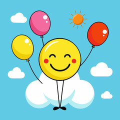 Happy smiley face character floating with balloons in the sky © Najmul Design Hub