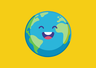 Fototapeta premium Happy cartoon earth character smiling brightly on yellow background