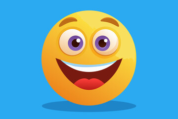 Joyful cartoon emoji with big smile and purple eyes