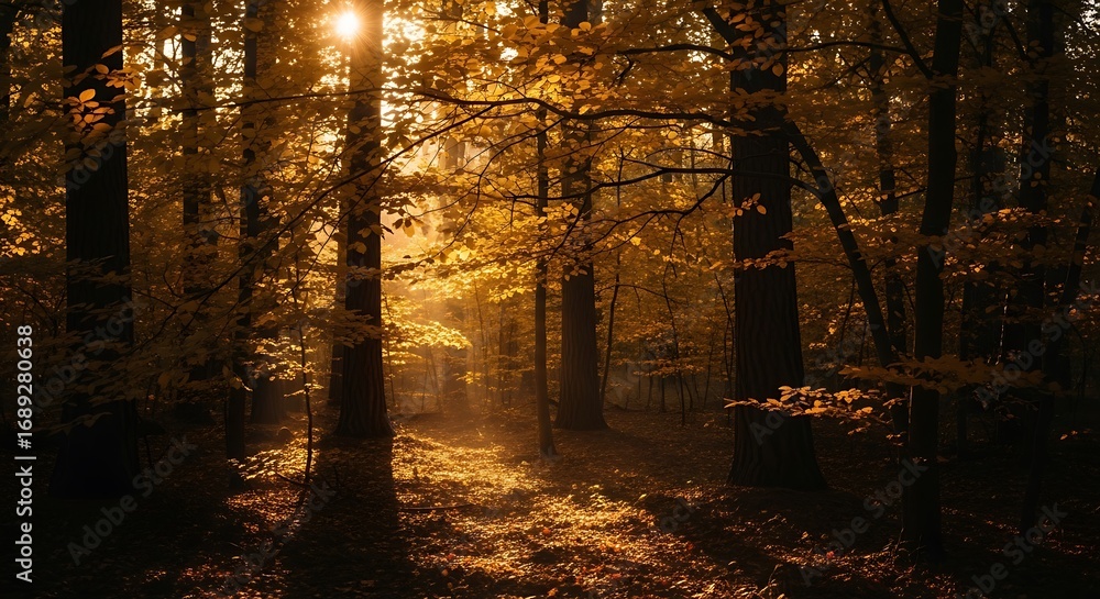Poster sunlight filtering through the trees in a dense forest, creating a warm and enchanting atmosphere du