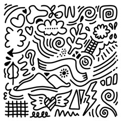 Hand drawn marker simple elements set. Doodle pen signs and effects. Simple leaves, star, glitter, icons, heart, floral objects. Decorative pencil curved symbols and shape.