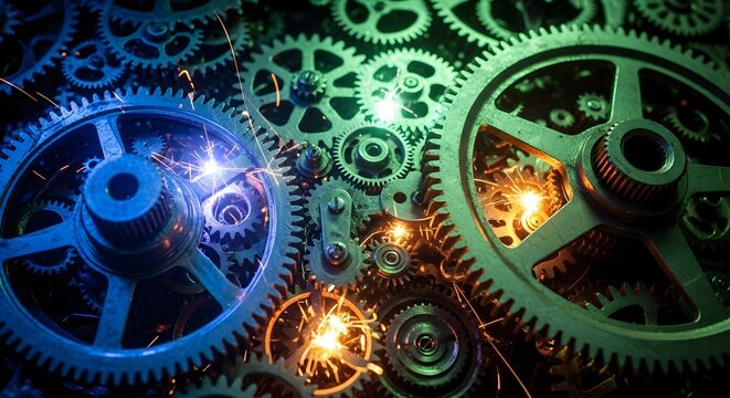 Close-up of intricate mechanical gears with vibrant blue, green, and orange light effects and sparks, symbolizing complex machinery and industrial processes. - Powered by Adobe