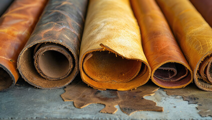 Rolled leather hides of various colors