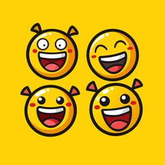 Four happy yellow cartoon faces with big smiles and cute ears