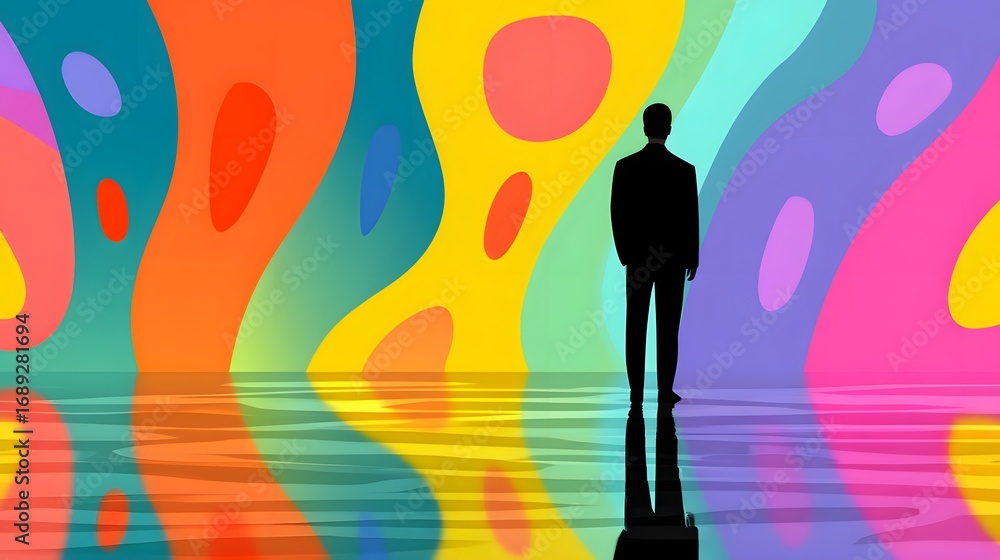 Poster silhouette of a man standing in reflection against a vibrant abstract colorful background