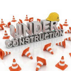A 3D rendering of the text 'UNDER CONSTRUCTION', a yellow helmet and scattered safety cones.