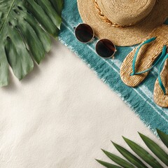 A top-down shot of beach items: sun hat, sunglasses, beach towel, and flip-flops are elegantly arranged, next to tropical leaves, evokes the feel of summer and travel