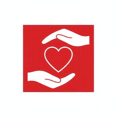 Hands are cradling a heart. The symbol is on a red background, possibly representing love and care.