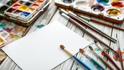 Obraz premium Art supplies on a wooden table, with a blank sheet of paper