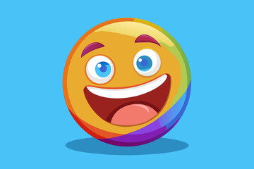 Joyful rainbow emoji with big smile and blue eyes