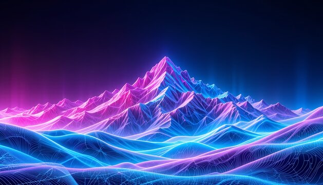 Neon Mountainscape: Abstract Wireframe Landscape, Vivid Pink and Blue Hues, Futuristic Digital Art - Powered by Adobe