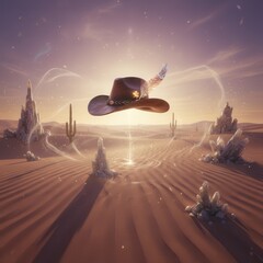 Floating cowboy hat in desert setting with a mystical aura, crystals, and cactus landscape.