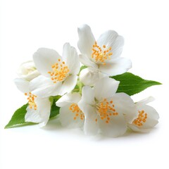 Close-up view of a delicate jasmine flower with a gentle focus, showcasing its pure white petals and a pop of yellow. The gentle lighting emphasizes the intricate details of the flower.