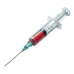 Fototapeta premium Medical syringe filled with red liquid and sharp needle isolated on transparent background