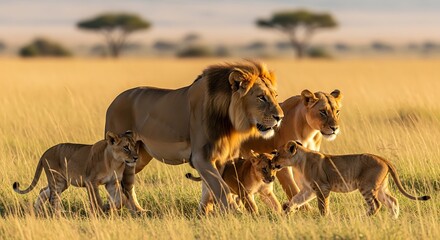 Lion family walking through golden savanna grassland during sunset in Kenya, Africa, showcasing unity and the beauty of wildlife.