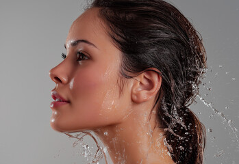 water splashing on a beautiful woman's face, water drops flowing down her hair, water background, beauty and skin care concept, 