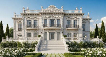 Magnificent White Mansion with Elaborate Architectural Details and Lush Gardens
