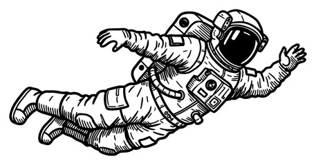 Astronaut Swimming While Floating in Outer Space Black and White Outline Line Art Drawing