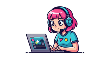 Cartoon Girl with Pink Hair Using Laptop and Headset.