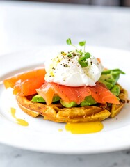 Waffle with Salmon, Avocado, and Egg