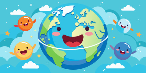 Fototapeta premium Happy cartoon earth and friends in a blue sky