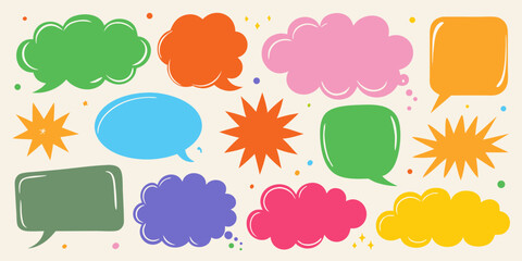 Collection of colorful hand drawn speech bubbles and starbursts on a light background with scattered dots and sparkles