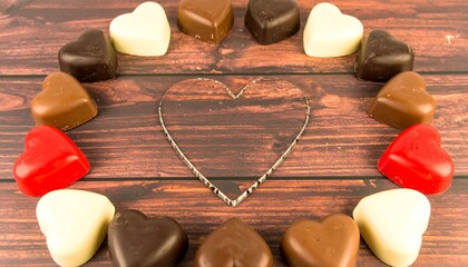 Heart-shaped chocolates on a wooden surface