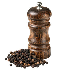 close-up of wooden pepper grinder with peppercorns on white background

