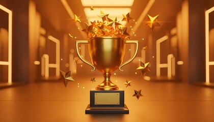 Golden Trophy Award: 3D Render,  Achievement, Success,  Celebration,  Luxury,  Warm Lighting,  Abstract Background.