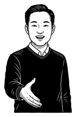 Asian Man Extends Hand for Handshake with Happy Expression Black and White Outline Line Art Drawing