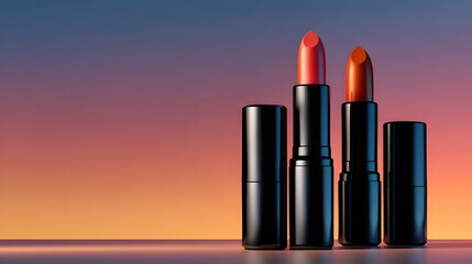 Trio of Bold Lipsticks in Black Tubes Against a Colorful Gradient Background at Dusk