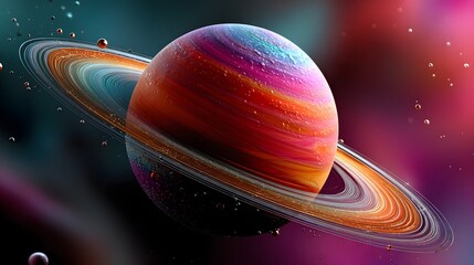 Colorful Saturn Planet with Distinct Rings and Vibrant Atmosphere in Deep Space Setting