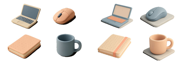 3D office supply icon set with laptop, computer mouse, notebook, and coffee mug in a cute minimalist clay style
