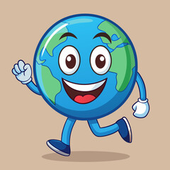 Happy cartoon earth character running with a big smile
