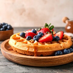 Waffles topped with berries and caramel
