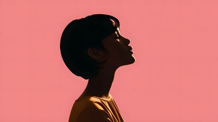 Silhouette of a Woman's Profile Against a Soft Pink Background Evoking Calm and Creativity