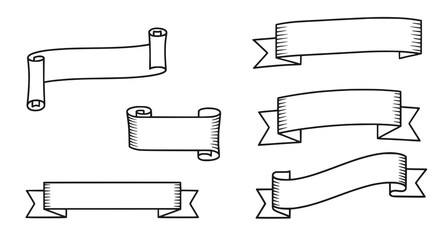 White Blank Ribbons Scroll Icon Set Black Outline, Isolated Background