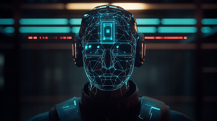 Cybernetic Humanoid with Illuminated Facial Interface in Futuristic Setting