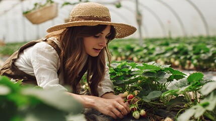 Young woman picking strawberries in a greenhouse, wearing a straw hat and enjoying nature.