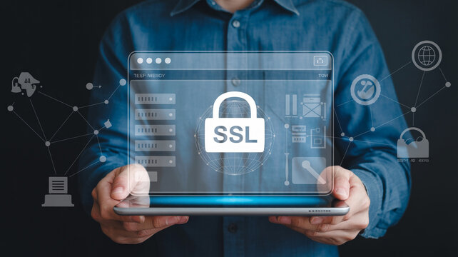 Ssl certificate security concept man holding tablet with ssl lock secure data encryption technology 100
